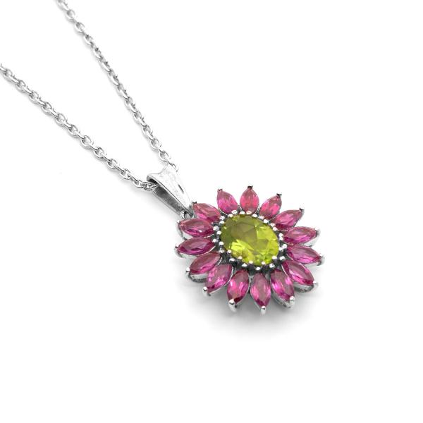 Silver pendant peridot, rhodolite Daisy